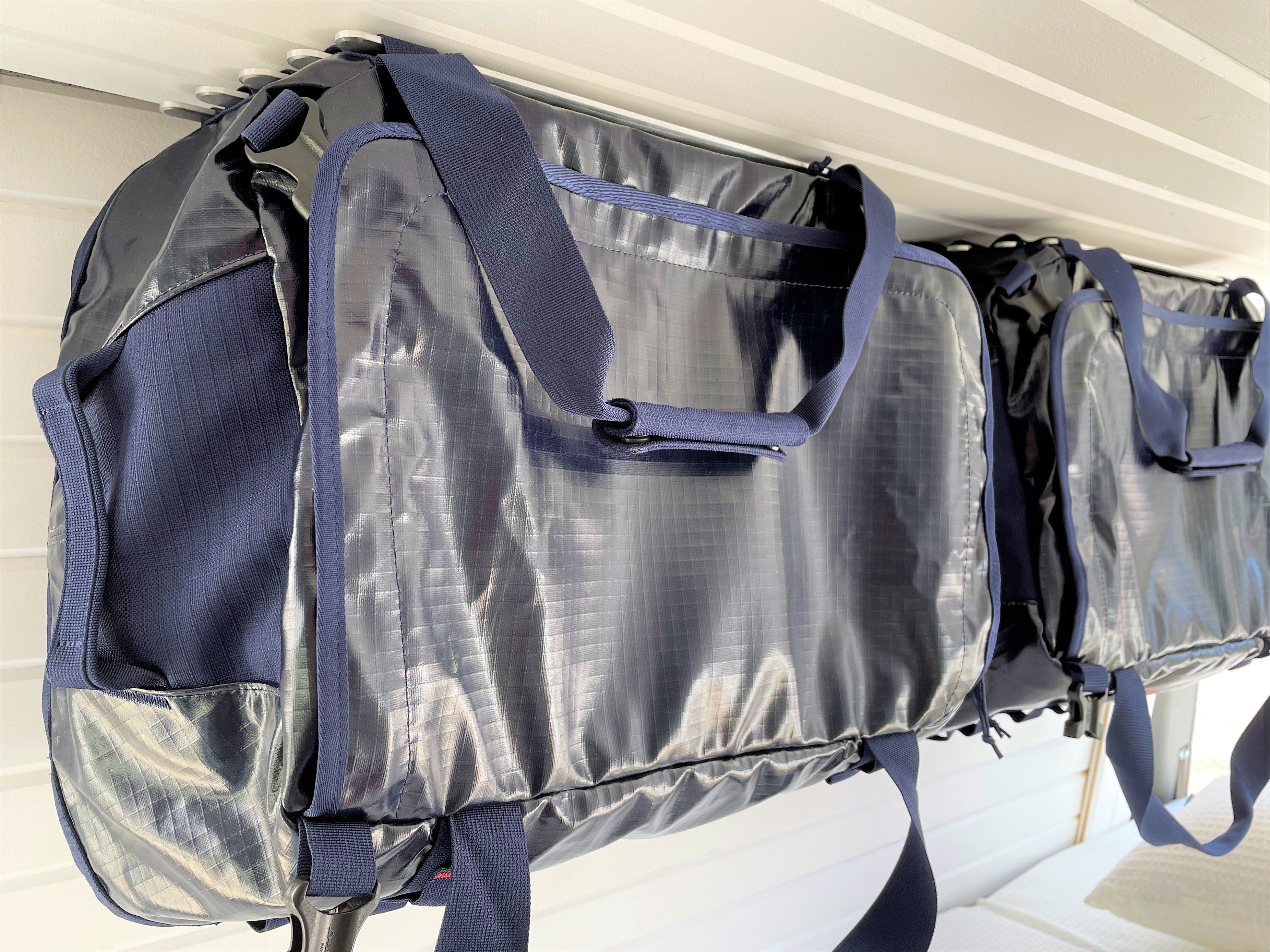 Shelves for boats created by hanging duffels from LoftLockers