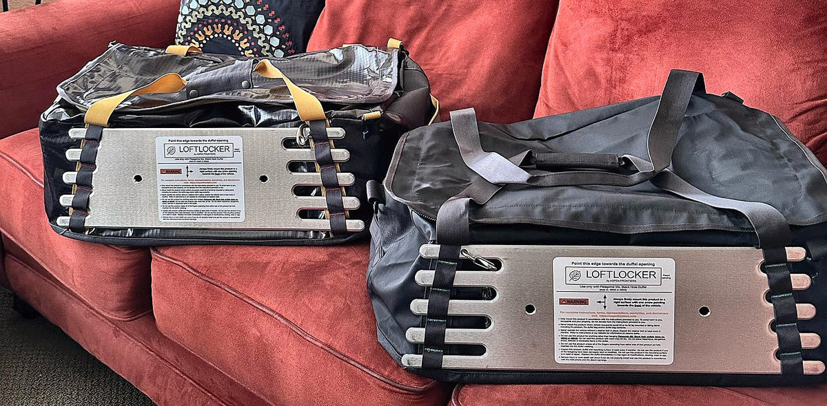 Two duffels on LoftLockers, ready to hang as cabinets in a Ford Transit
