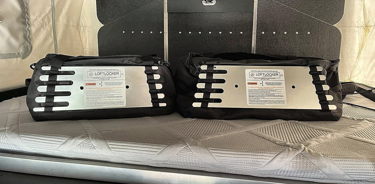 Two Patagonia duffels with LoftLockers inside a Four Wheel Camper Project M